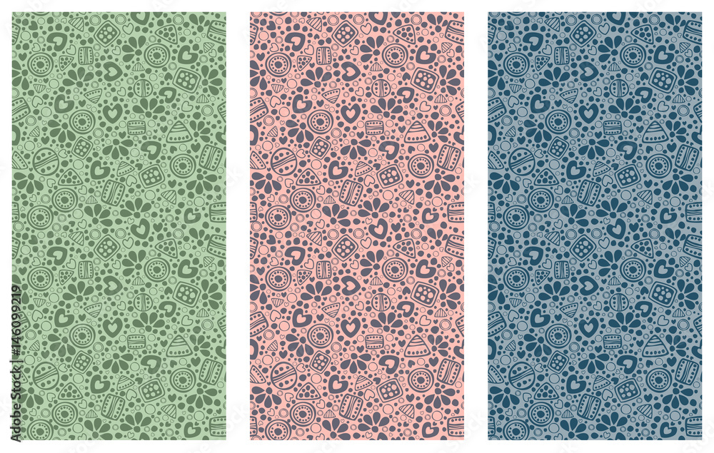 Fototapeta premium Set of seamless vector decorative hand drawn patterns. Ethnic endless background with ornamental decorative elements with traditional motives, tribal geometric figures, dots and flowers.