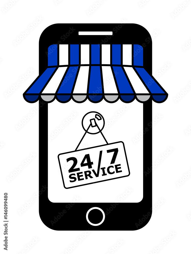 Online store with blue and white awning in your mobile phone Online store with blue and white awning in your mobile phone