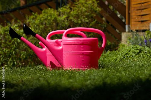 Two pink cans in the garden