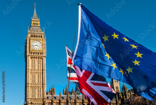European Union and UK flags in front of Big Ben, Brexit EU