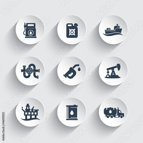 Petroleum industry icons set, gas station, petrol canister, gasoline nozzle, oil production platform vector pictograms