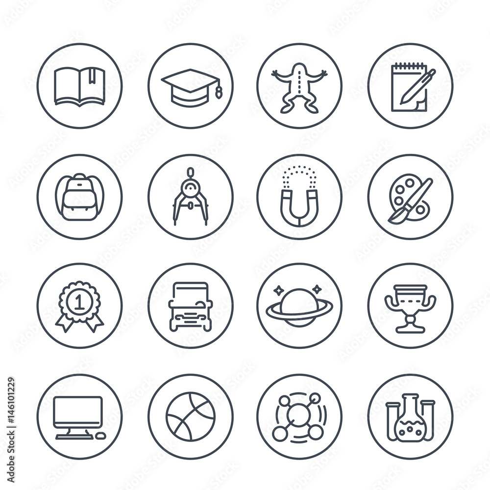 school and college line icons in circles over white