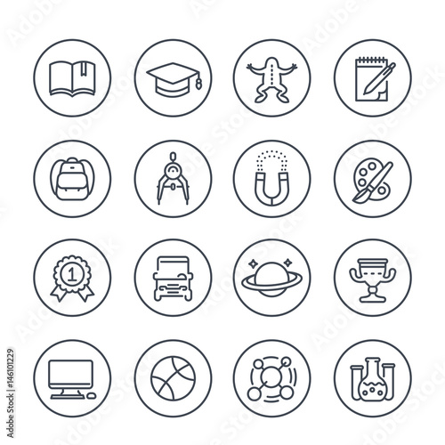 school and college line icons in circles over white