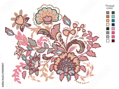 Cross Stitch Flowers. Ready-made template for cross stitching. Catalog of used thread colors. Vector