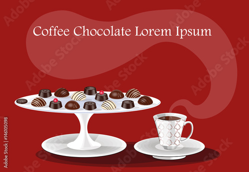 vector illustration with a chocolate set and a cup of coffee or tea 