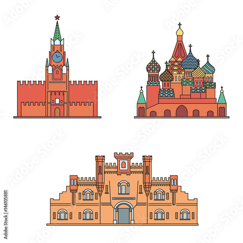 St Basil's Cathedral, Spasskaya tower of the Moscow Kremlin, Brest Fortress building. Vector illustration