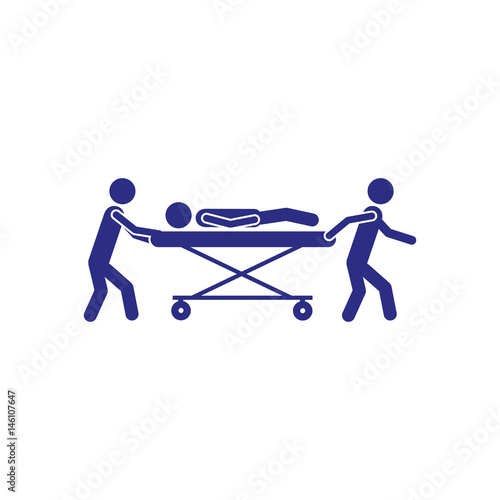 white background with blue pictogram paramedics with patient in stretcher vector illustration