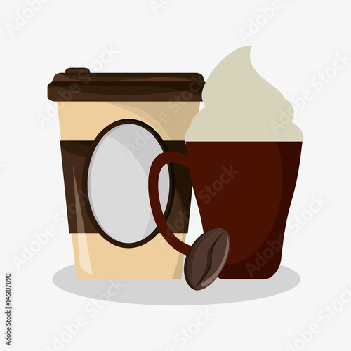 cup of capuccino with cream and glass disponsable for hot drinks and grain of coffee vector illustration