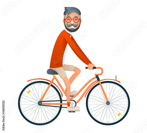 Bicycle Ride Geek Hipster Travel Lifestyle Concept Tourism Journey Symbol Man Bike Isolated Flat Design Template Vector Illustration