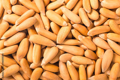 food background of pine nuts, top view