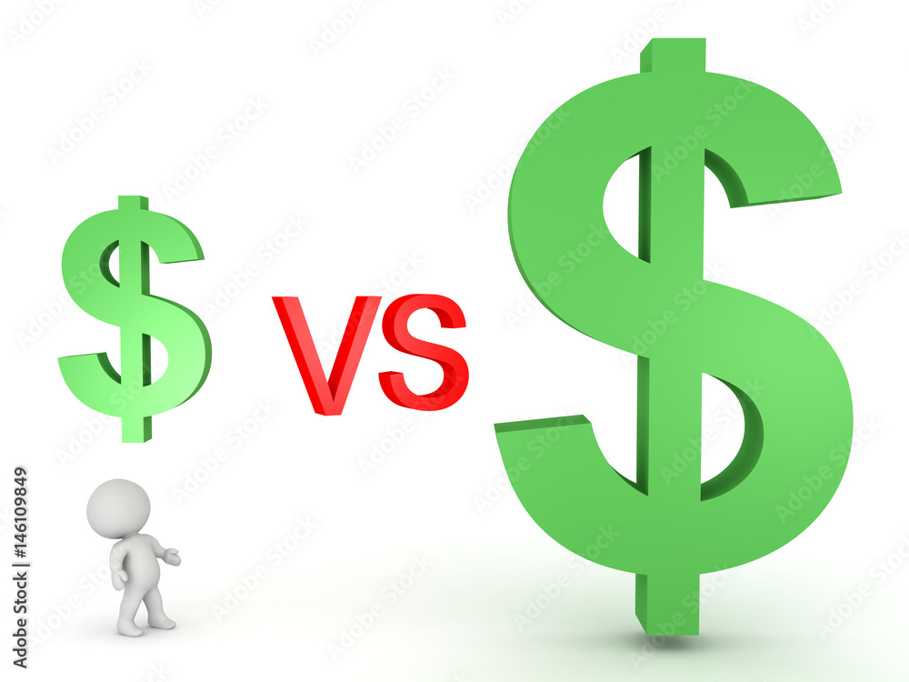 3D Illustration of a small dollar symbol versus a big dollar symbol 3D Illustration of a small dollar symbol versus a big dollar symbol
