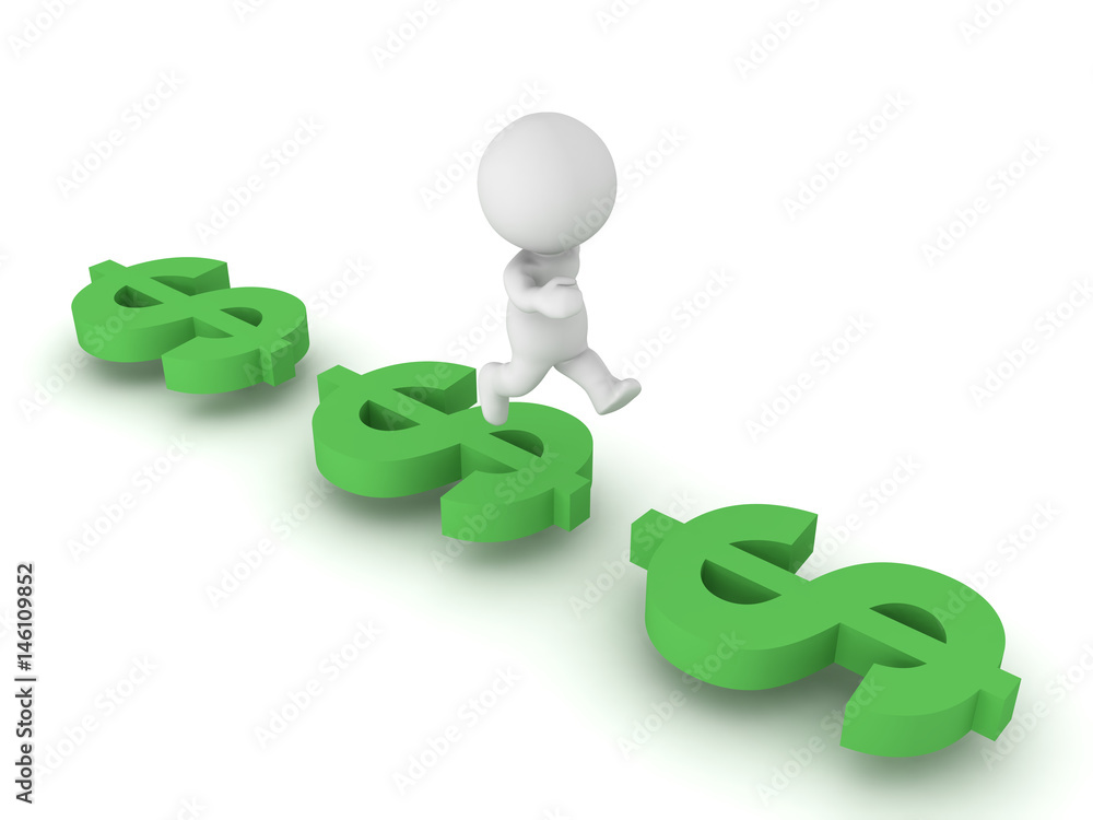 3D Character jumping between horizontally placed dollar symbols 3D Character jumping between horizontally placed dollar symbols