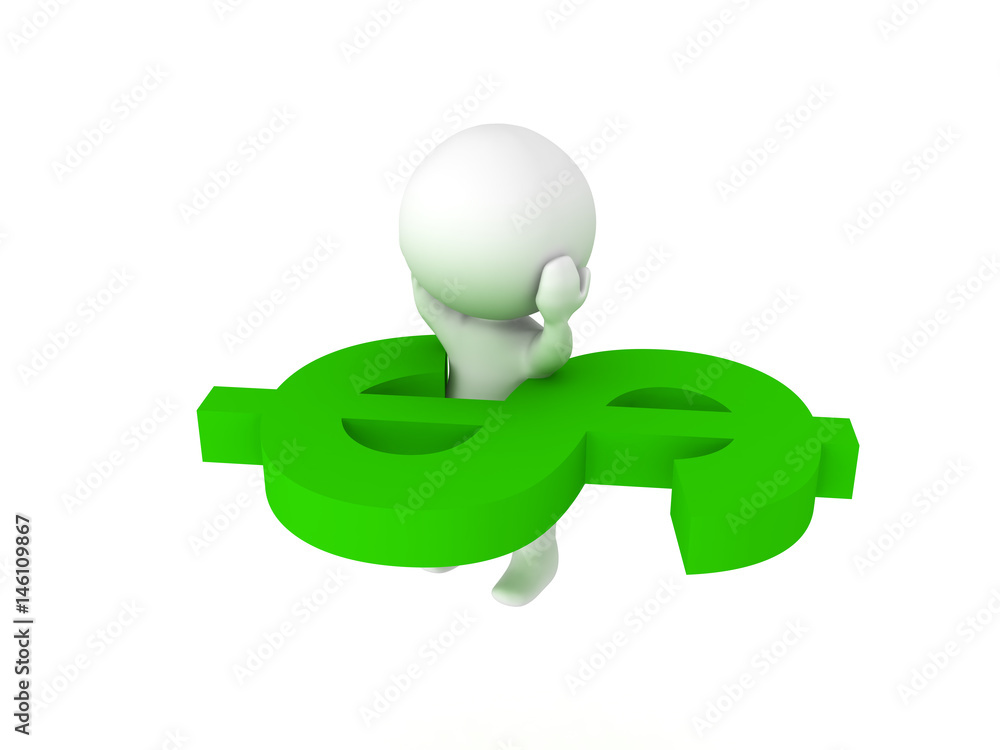 Fototapeta premium 3D Character stuck in giant green dollar symbol