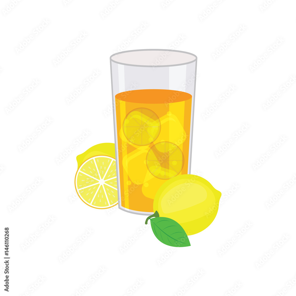 ice lemon tea with lemon, lemon leaf and ice cube. vector illustration