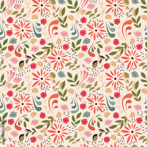 Seamless pattern design with little flowers, floral elements, birds