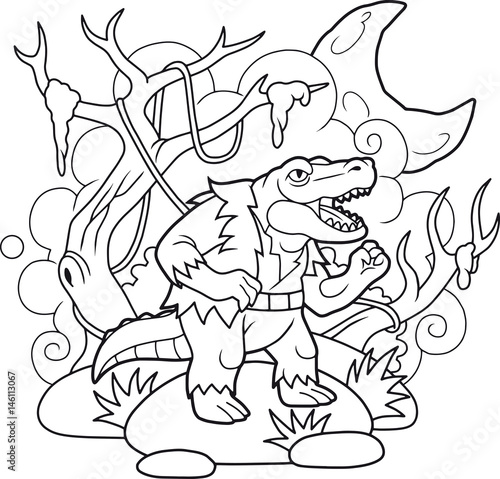 Cartoon crocodile man looking for a victim