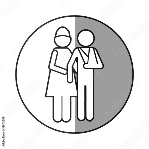 grayscale circular frame shading with pictogram nurse with bandaged arm patient vector illustration