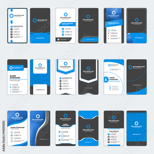 Set of modern business card print templates. Vertical business cards. Blue and black colors. Personal visiting card with company logo. Vector illustration. Stationery design