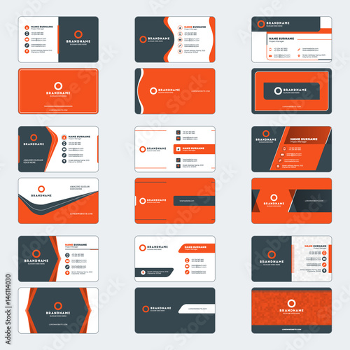 Set of modern business card print templates. Horizontal business cards. Red and black colors. Personal visiting card with company logo. Vector illustration. Stationery design