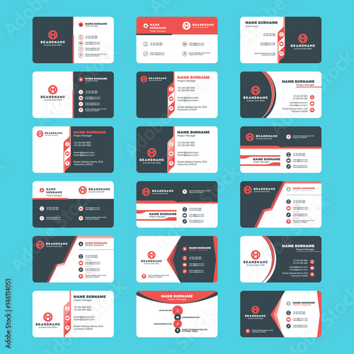 Set of modern business card print templates. Horizontal business cards. Red and black colors. Personal visiting card with company logo. Vector illustration. Stationery design