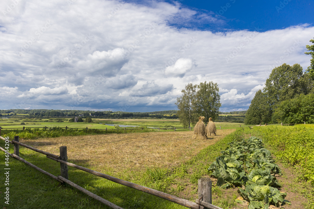Rural landscape with haystac