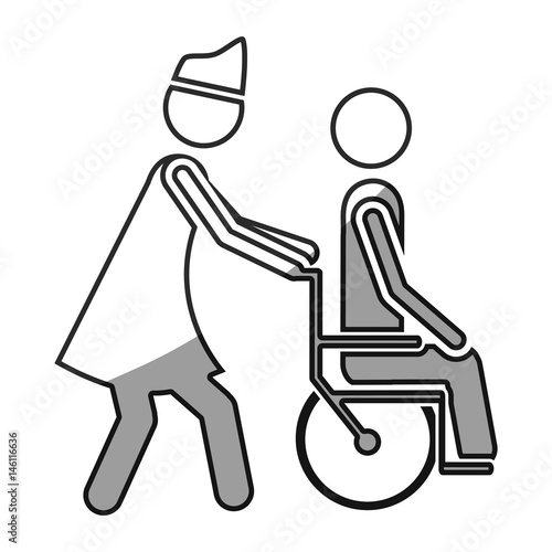 grayscale silhouette with nurse helping another person push a wheelchair vector illustration