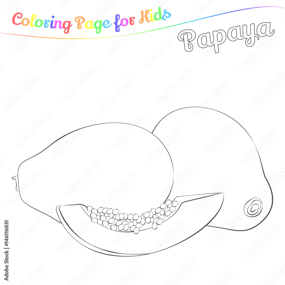 Yummy papaya for coloring in imple cartoon style. Page for art coloring