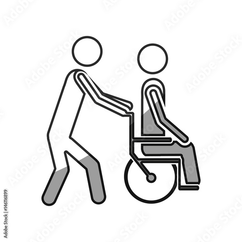 grayscale silhouette with person helping another push a wheelchair vector illustration