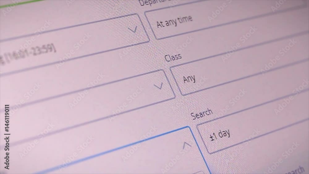 Flight booking. Searching online airplane ticket on computer screen