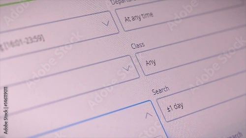 Flight booking. Searching online airplane ticket on computer screen