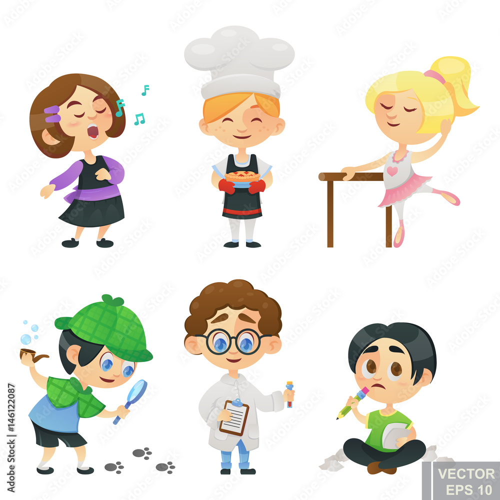 Illustration of kids children jobs and professions Cartoon characters Singer, baker, ballerina, detective, scientist, writer Illustration of kids children jobs and professions Cartoon characters Singer, baker, ballerina, detective, scientist, writer
