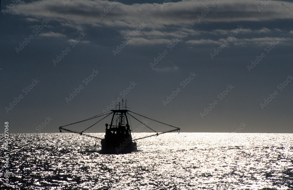 Commercal Fishing boat is backlit off of central California coast