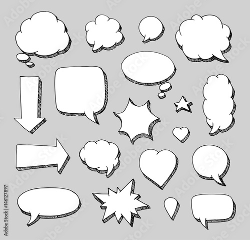Hand drawn set of speech bubbles.  Vector illustration for stickers