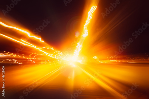blur hi-power lightning acceleration to high speed on night superhighway road fast moving motion drive with night light trail