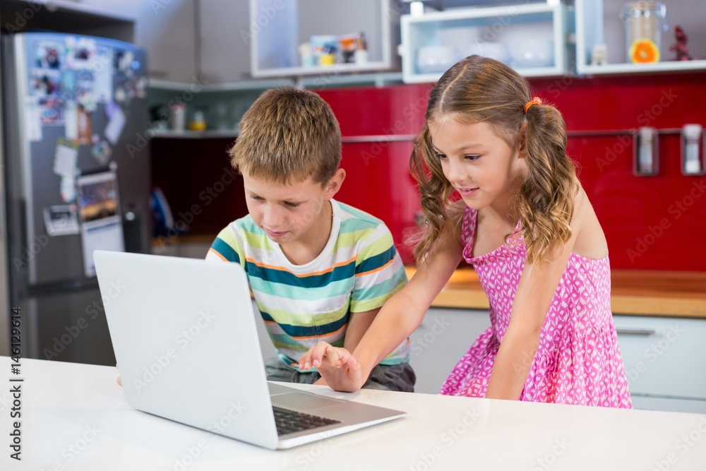 Siblings using laptop in kitchen Siblings using laptop in kitchen