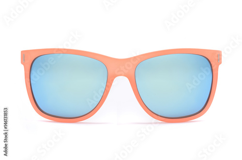 Sunglasses with wide orange frame and blue glass isolated on white
