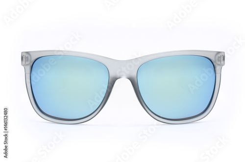Sunglasses with wide frame and blue glass isolated on white