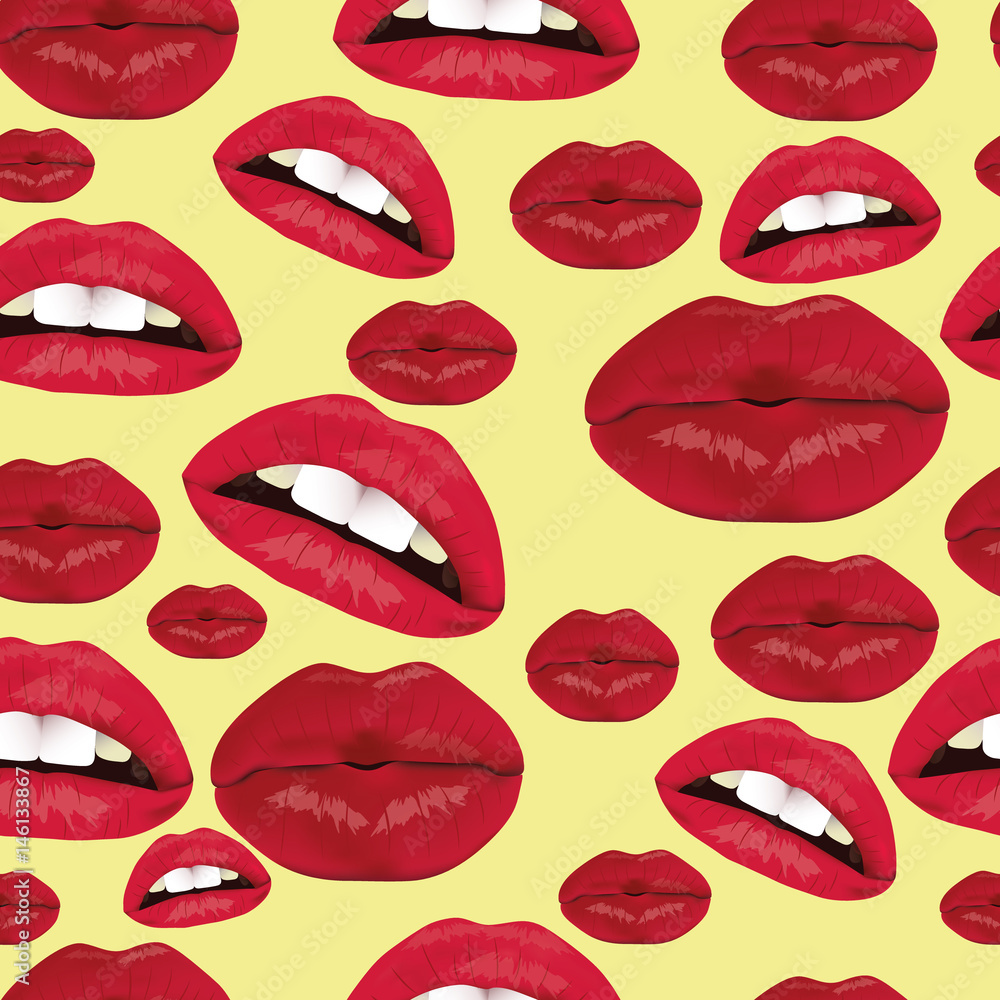 The pattern of female lips. A set of lips with an open mouth and teeth. A pattern of lips on a light background. The pattern of female lips. A set of lips with an open mouth and teeth. A pattern of lips on a light background.