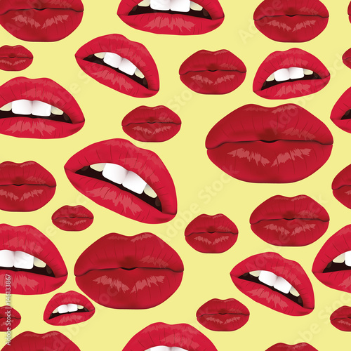 The pattern of female lips. A set of lips with an open mouth and teeth. A pattern of lips on a light background.