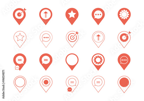 Set of vector graphic, icons, logos, design elements and web buttons. A collection of coral location pin marker frames with iconic business logos and icons.