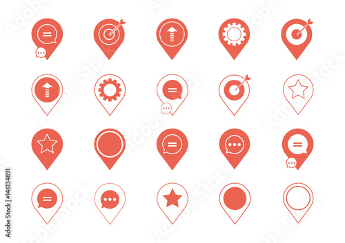 Set of vector graphic, icons, logos, design elements and web buttons. A collection of coral location pin marker frames with iconic business logos and icons.