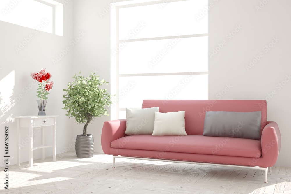 White modern room with sofa. Scandinavian interior design. 3D illustration White modern room with sofa. Scandinavian interior design. 3D illustration
