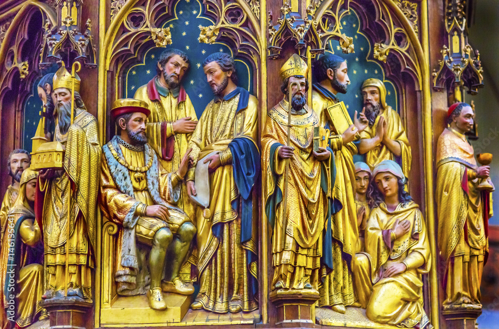 Fototapeta premium Altar Wooden Church Figures De Krijtberg Church Amsterdam Netherlands