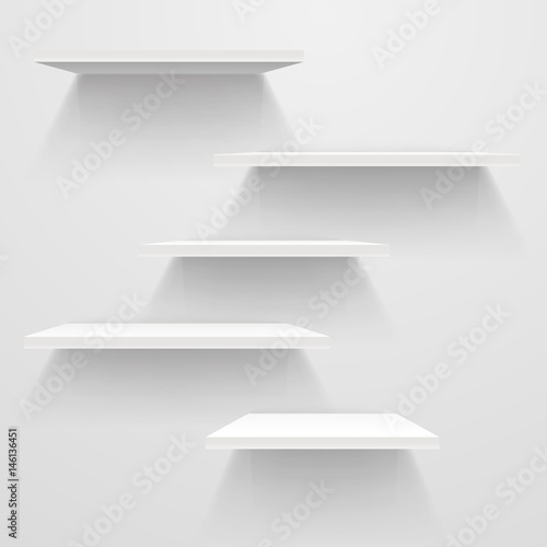 White empty shelves on white wall. Vector mockup