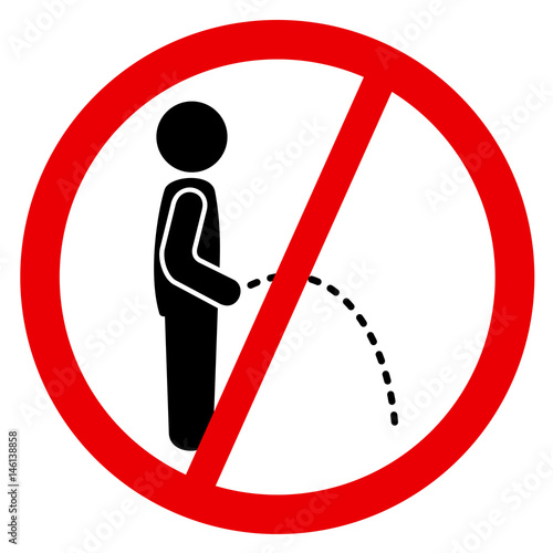 Vector symbol - man is urinating. Stream of urine drops from height on the ground. Symbol is crossed out - prohibition and ban to urinate during standing