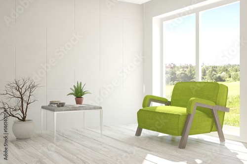 White room with armchair and green landscape in window. Scandinavian interior design. 3D illustration © AntonSh