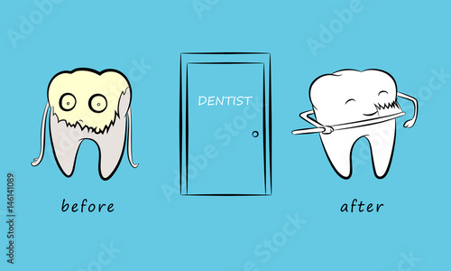 Sick and healthy tooth. Funny cartoon characters. Vector illustration.