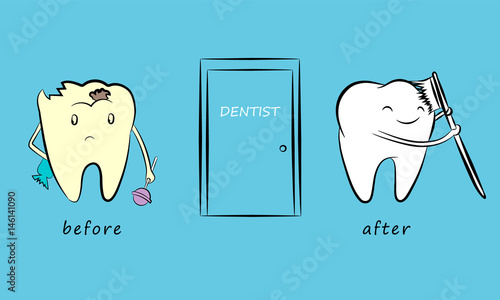 Sick and healthy tooth. Funny cartoon characters. Vector illustration.