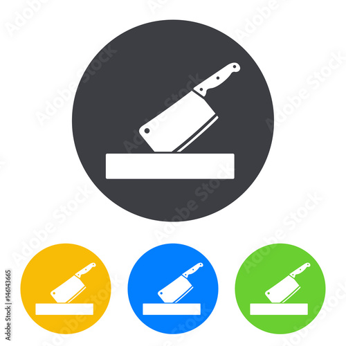 Icono plano cuchillo carnicero en tajo en circulo varios colores