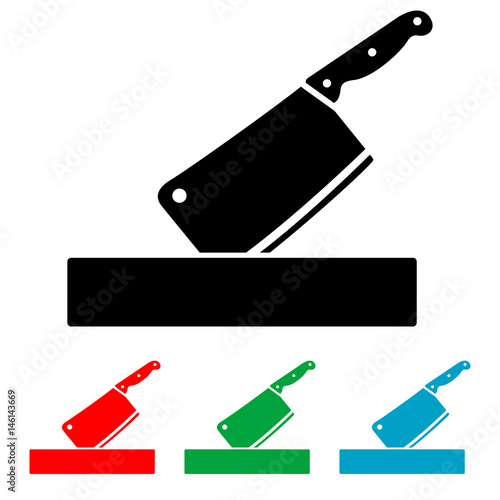 Icono plano cuchillo carnicero en tajo varios colores